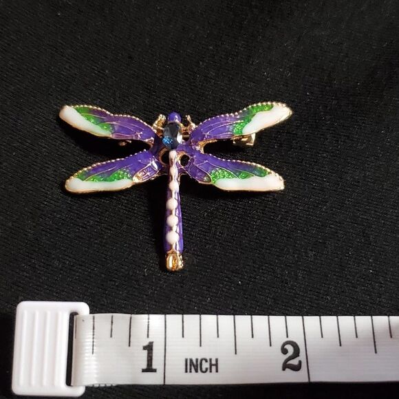 Goldtone Green and Purple Enamel Dragonfly Brooch - Picture 3 of 5